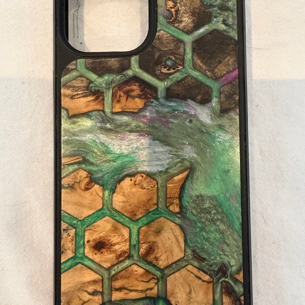 Carved Wood and Resin Phone Case - Green